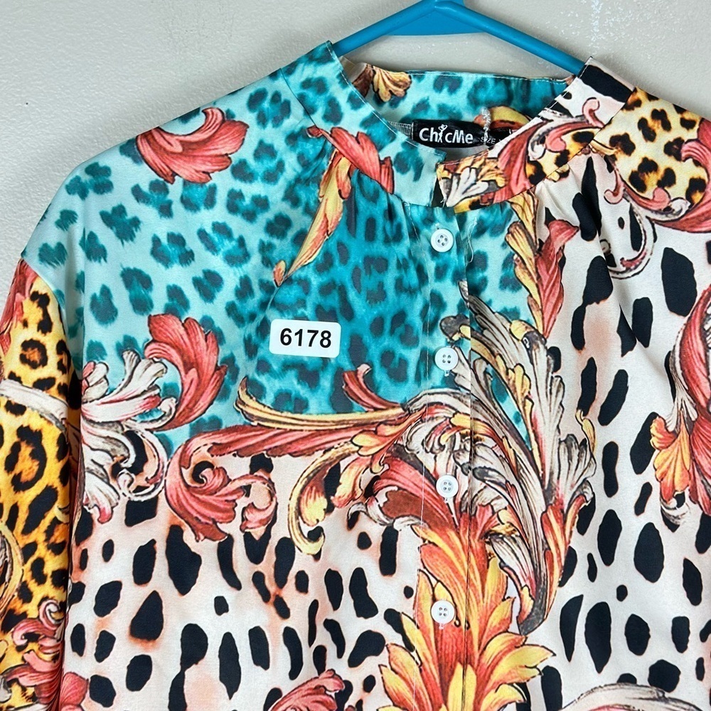 Chick me xlarge nwot 21-1/2 p2p 27” length  vibrant colors button down - Picture 5 of 8